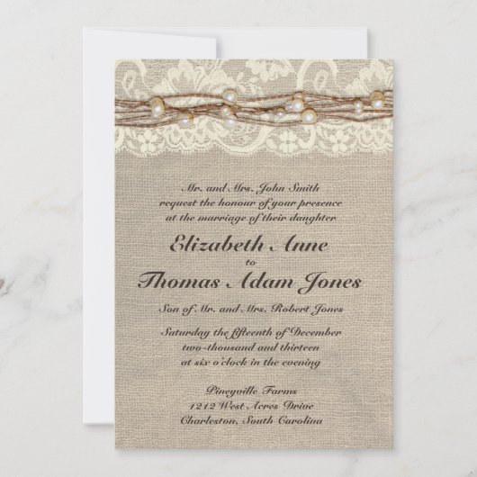 素朴なバーラップのレースは結婚式招待状を真珠で飾ります 招待状 (正面)