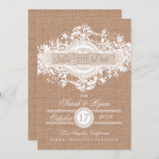 素朴なバーラップのヴィンテージの花の保存日付 セーブザデート (正面/裏面)