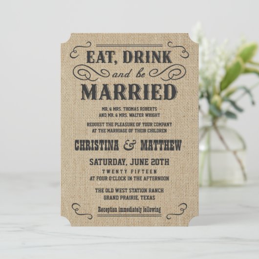 素朴なバーラップの国の西部の結婚式招待状 招待状 (スタンド正面)