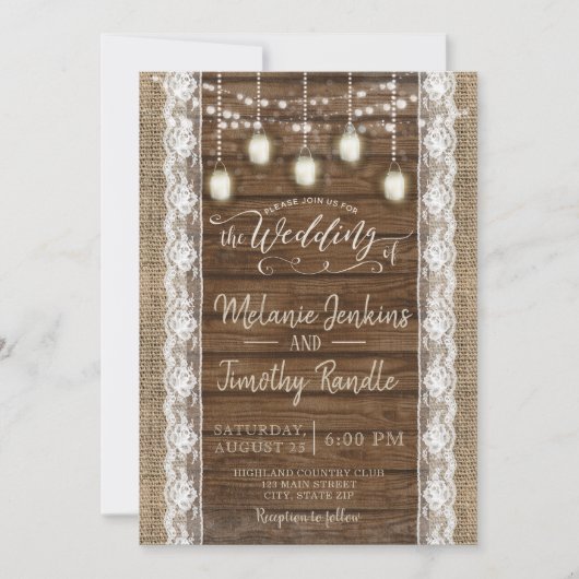 素朴なバーラップの木製のレースの結婚式招待状 招待状 (正面)