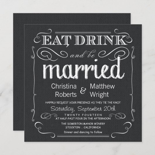 素朴なバーラップの白黒の結婚式招待状 招待状 (正面/裏面)