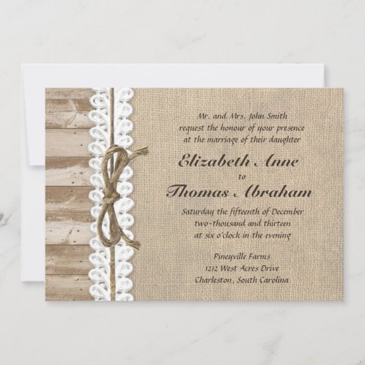 素朴なバーラップの納屋の木製の麻ひもの結婚式招待状 招待状 (正面)