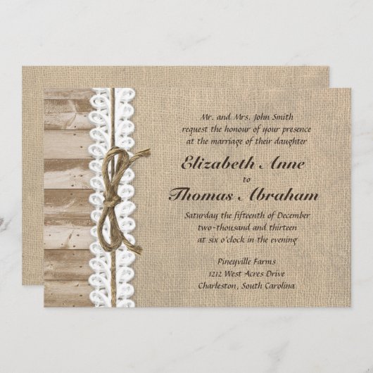 素朴なバーラップの納屋の木製の麻ひもの結婚式招待状 招待状 (正面/裏面)