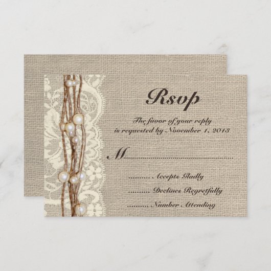 素朴なバーラップの麻ひもは結婚式招待状を真珠で飾ります 出欠カード (正面/裏面)