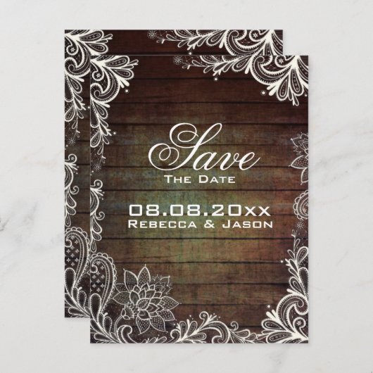 素朴なバーンウッドレース田舎の結婚式は日付を保存 案内ポストカード (正面/裏面)