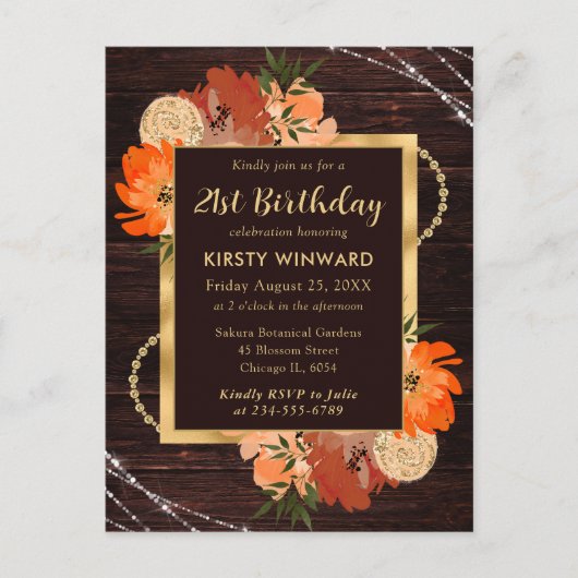 素朴なバーントオレンジの秋の花の誕生日 ポストカード (正面)