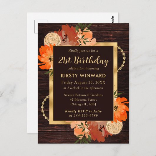 素朴なバーントオレンジの秋の花の誕生日 ポストカード (正面/裏面)