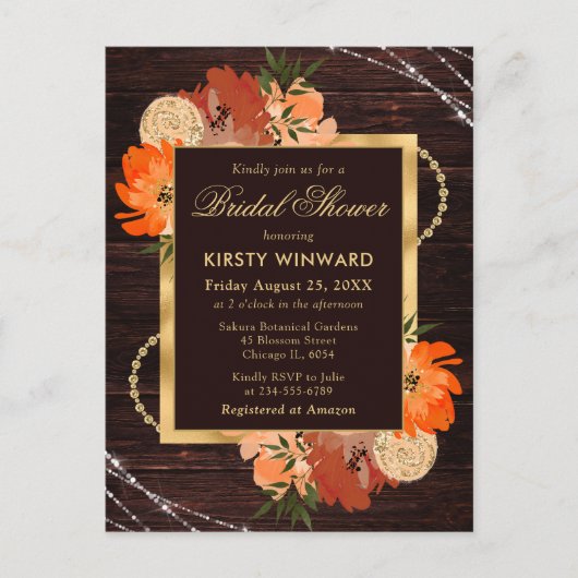 素朴なバーントオレンジの秋の花 ブライダルシャワー ポストカード (正面)