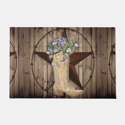 素朴なバーンドウッドワイルドフラワーウエスタンスター女性のカーボーイ ドアマット (正面)
