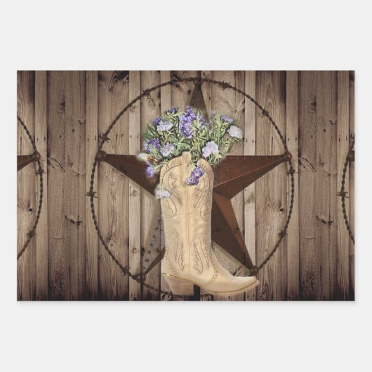 素朴なバーンドウッドワイルドフラワーウエスタンスター女性のカーボーイ ラッピングペーパーシート (正面3)