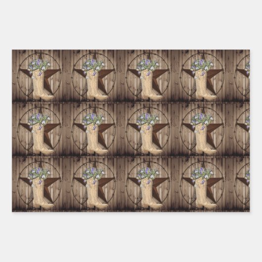 素朴なバーンドウッドワイルドフラワーウエスタンスター女性のカーボーイ ラッピングペーパーシート (正面2)