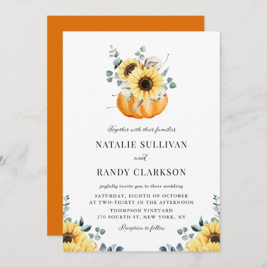 素朴なパンプキンとヒマワリの秋の結婚式 招待状 (正面/裏面)