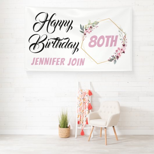素朴なパーソナライズされたエレガントピンクの花の誕生日 横断幕 (インサイチュ)