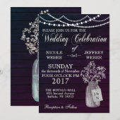 素朴なパープルウェディング ウッド メイソンジャー ベイビーズブレス 招待状 (正面/裏面)