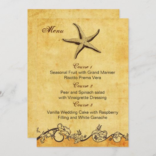 素朴なヒトデビーチ結婚式カード メニュー (正面/裏面)