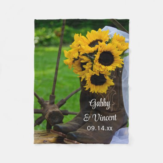 素朴なヒマワリおよびカウボーイ・ブーツの西部の結婚式 フリースブランケット (正面)