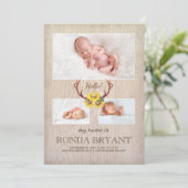 素朴なヒマワリおよび(雄ジカの)枝角の木製のベビーの写真の誕生 案内状 (スタンド正面)