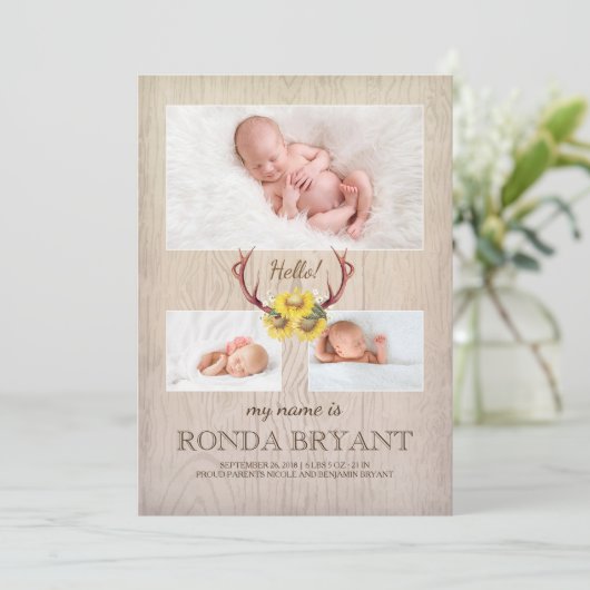 素朴なヒマワリおよび(雄ジカの)枝角の木製のベビーの写真の誕生 案内状 (スタンド正面)