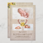 素朴なヒマワリおよび(雄ジカの)枝角の木製のベビーの写真の誕生 案内状 (正面/裏面)