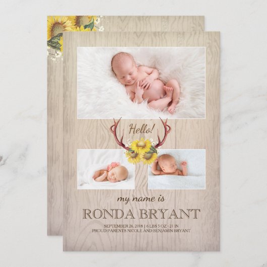 素朴なヒマワリおよび(雄ジカの)枝角の木製のベビーの写真の誕生 案内状 (正面/裏面)