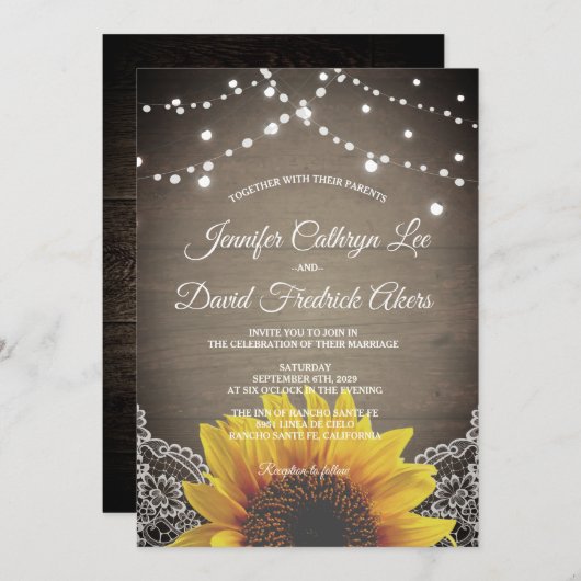 素朴なヒマワリのひもはレースの納屋の結婚式をつけます 招待状 (正面/裏面)