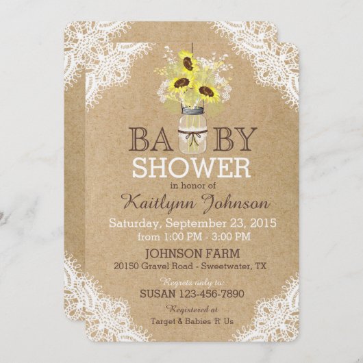 素朴なヒマワリのメーソンジャーのレースのクラフトのベビーシャワー 招待状 (正面/裏面)