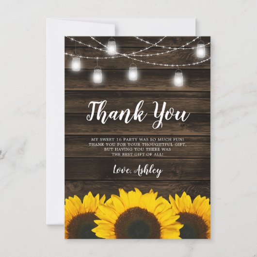 素朴なヒマワリのメーソンジャーは菓子16をつけます サンキューカード (正面)