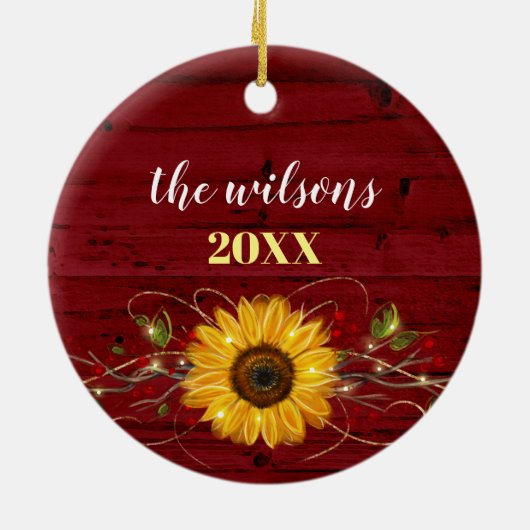 素朴なヒマワリのリースの家族写真のクリスマス セラミックオーナメント (裏面)