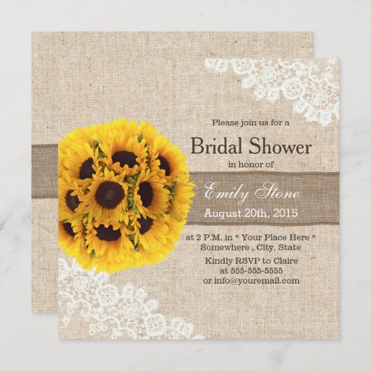 素朴なヒマワリのヴィンテージのレースのバーラップのブライダルシャワー 招待状 (正面/裏面)