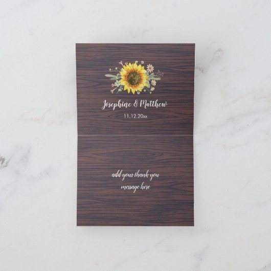 素朴なヒマワリの木製の瓶は結婚式をつけます サンキューカード (内部)