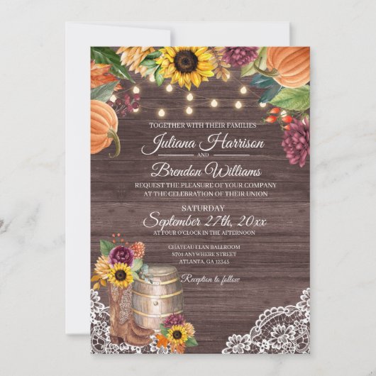 素朴なヒマワリの木製の秋の結婚式の招待状 招待状 (正面)