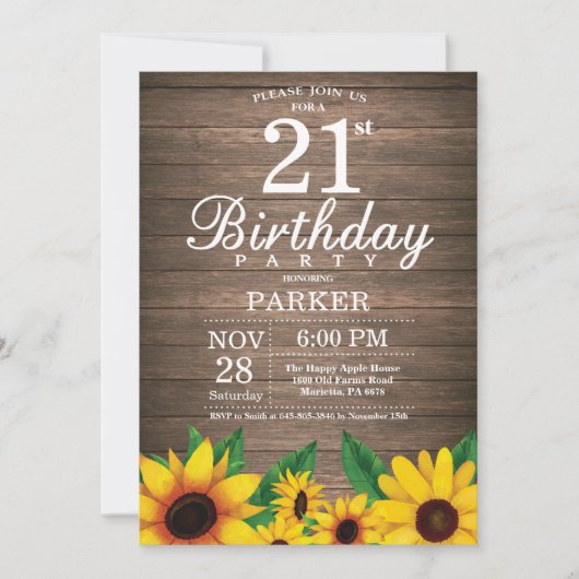 素朴なヒマワリの第21誕生日の招待状 招待状 (正面)