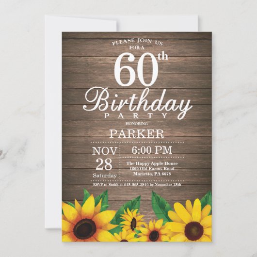 素朴なヒマワリの第60誕生日の招待状 招待状 (正面)
