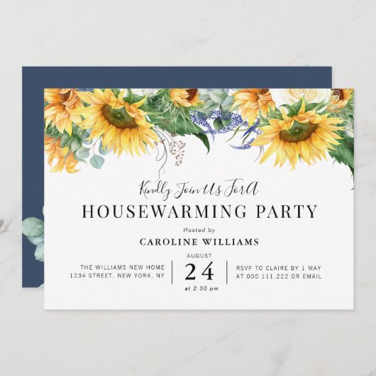 素朴なヒマワリフローラ引っ越し祝いパーティーパーティー 招待状 (正面/裏面)