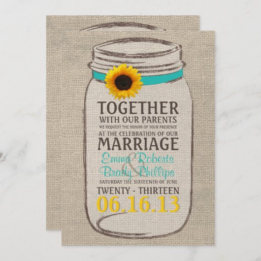 素朴なヒマワリ及びメーソンジャーの結婚式招待状 招待状 (正面/裏面)