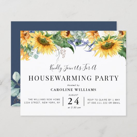 素朴なヒマワリ引っ越し祝いパーティーパーティの招待状 (正面/裏面)