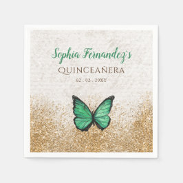 素朴なビンテージのエメラルドグリーンゴールドの蝶 スタンダードカクテルナプキン