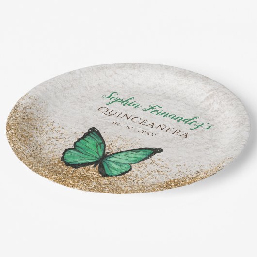 素朴なビンテージのエメラルドグリーンゴールドの蝶 ペーパープレート (アングル)