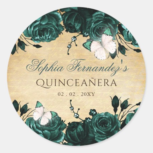 素朴なビンテージのエメラルドグリーン花柄蝶 ラウンドシール (正面)