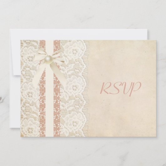 素朴なビンテージのローズとレースの結婚式の出欠確認 招待状 (正面)