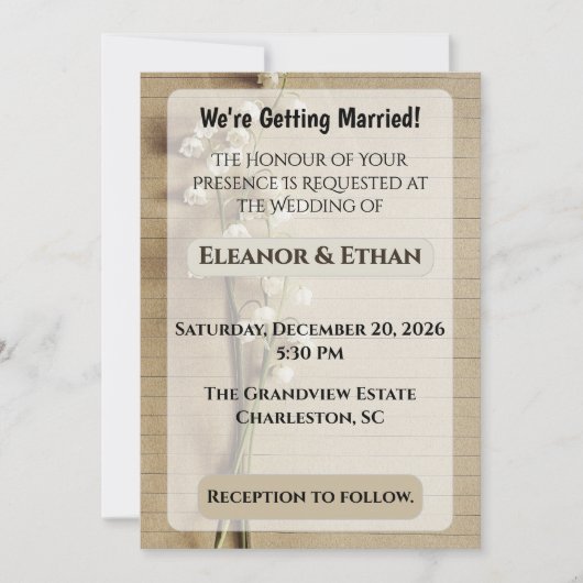 素朴なビンテージの罫線入り紙 リリー・オブ・ザ・バレー ウェディング 招待状 (正面)