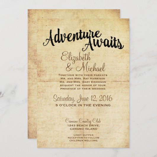 素朴なビンテージアドベンチャー トラベル ウェディング招待状 招待状 (正面/裏面)