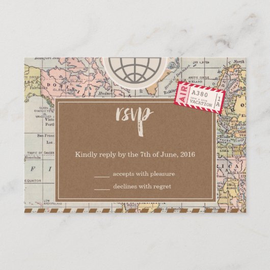 素朴なビンテージ旅行 ウェディング RSVP カード (正面)