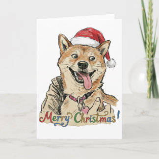素朴なビンテージ風スケッチ柴犬クリスマス犬アート カード