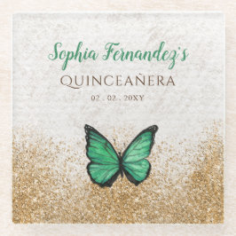 素朴なビンテージ エメラルドグリーン ゴールド バタフライ ガラスコースター