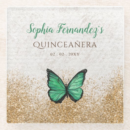 素朴なビンテージ エメラルドグリーン ゴールド バタフライ ガラスコースター (正面)