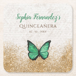 素朴なビンテージ エメラルドグリーン ゴールド バタフライ スクエア スクエアペーパーコースター