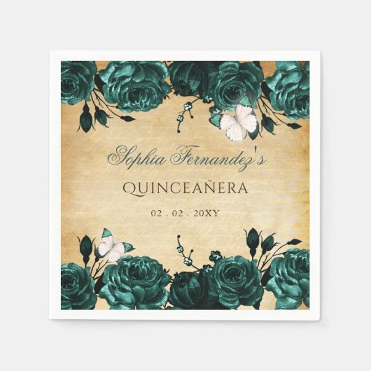 素朴なビンテージ エメラルドグリーン 花と蝶 スタンダードカクテルナプキン (正面)