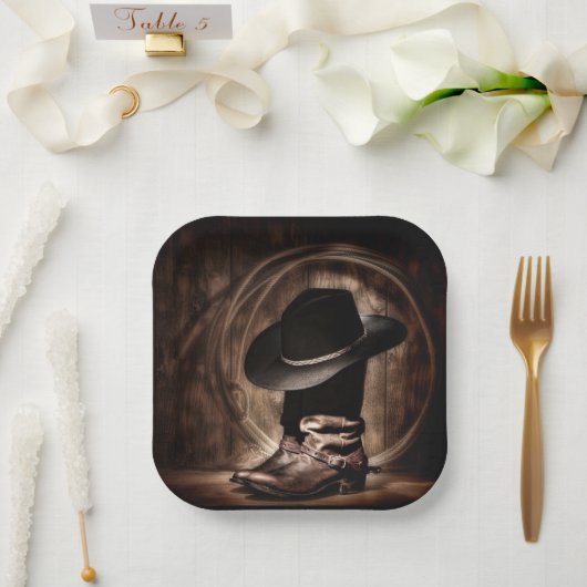 素朴なビンテージ ファーム カウボーイ ブーツ ウェスタン カントリー ペーパープレート (ウェディング)