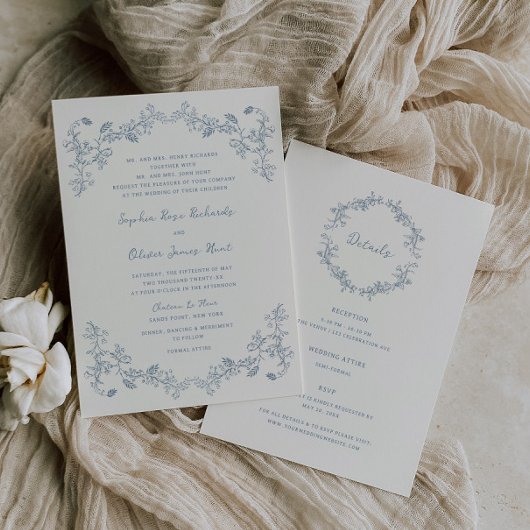 素朴なビンテージ フラワーラインアート オールインワン ウェディング 招待状